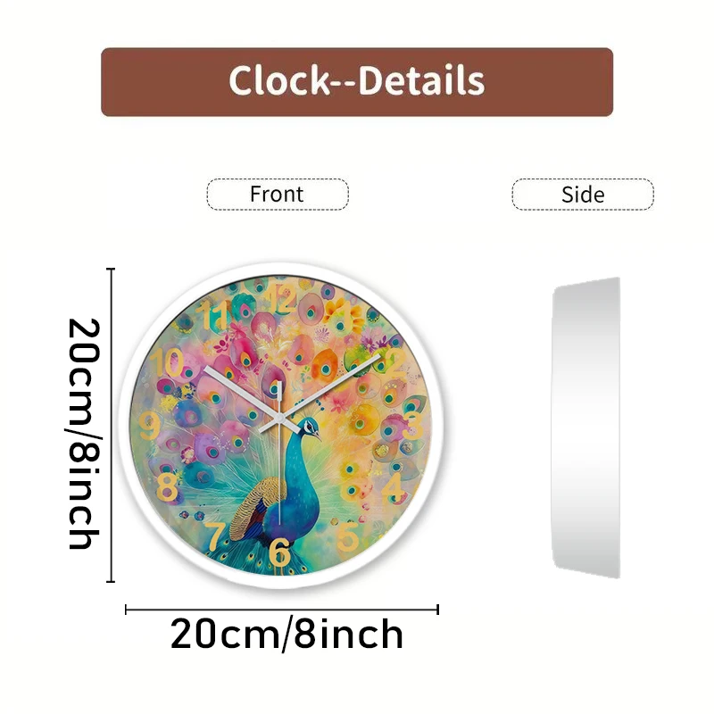 Peacock Design Cartoon Round Silent Hanging Wall Clock, Suitable For Living Room, School,Study Room, Bedroom, Children's Gifts