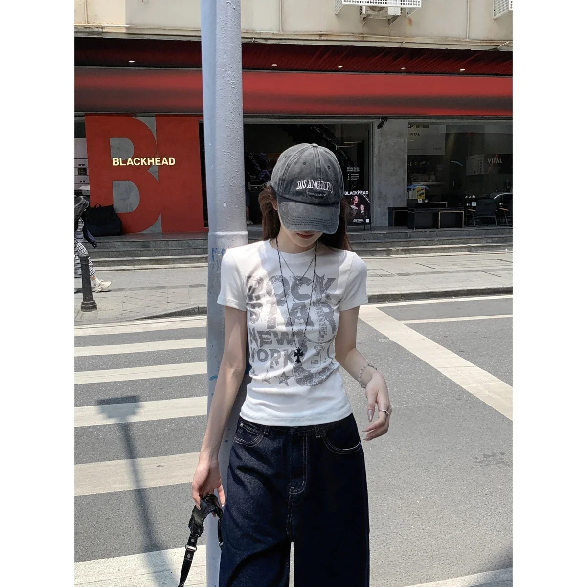 American Women's Casual T-irt Letter Print Slim Fit Summer Fashion Korean Version Round Neck Short Sleeve Tee Top