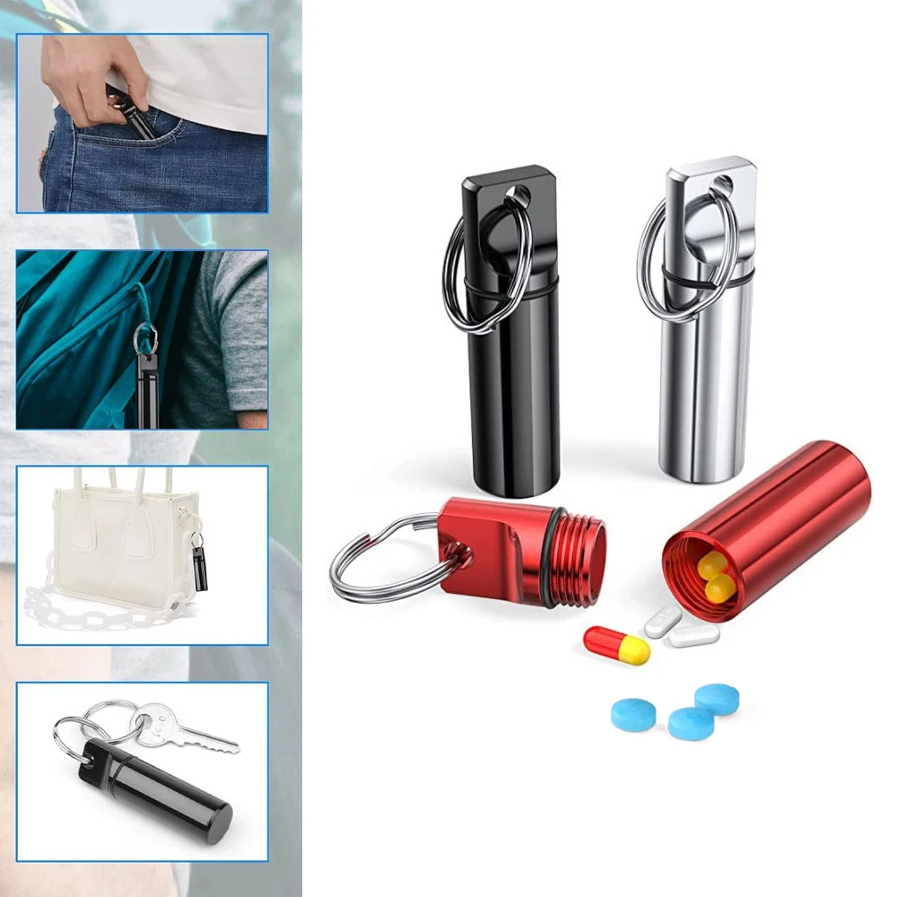 Portable Aluminum Pill Box Case Bottle Cache Drug Holder Container Keychain Waterproof Tablet Dispenser Organizer Silver Black