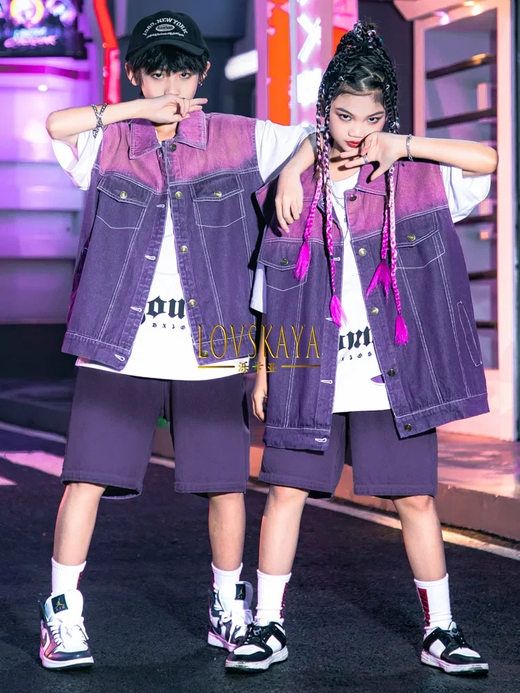 Children's street dance trendy clothing denim set hiphop spring/summer men's and women's hip-hop show performance clothing