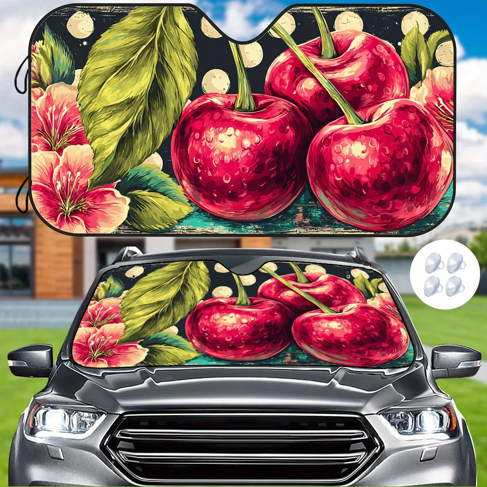 Retro Cherry Car Sunshade With A Polka Dot Background Featuring Cherry Blossom Illustrations, Heat Insulation To Regulate The In