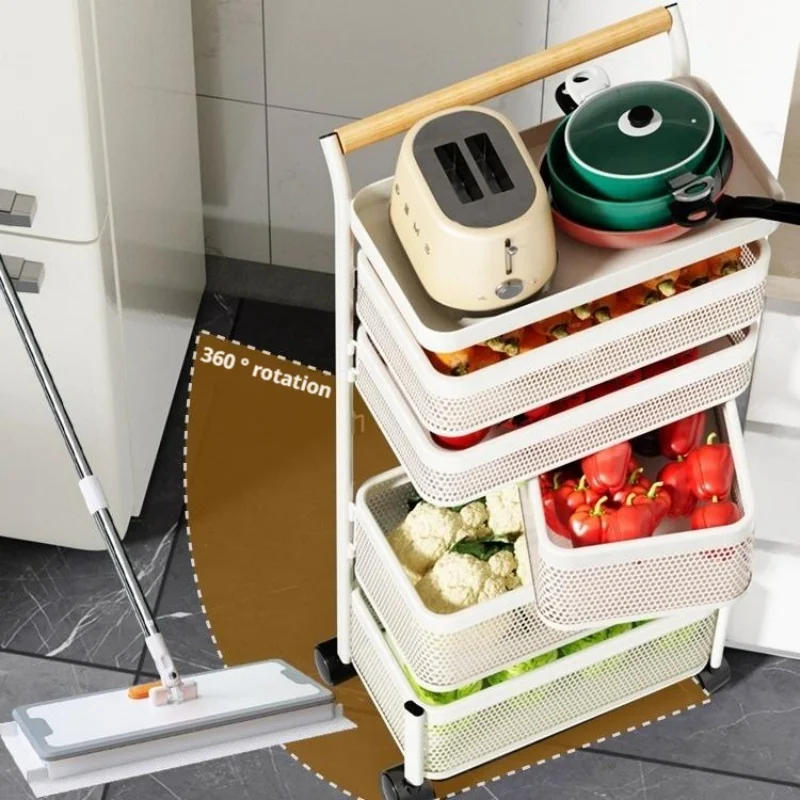 with 360° Wheels Cabinet Floor-standing Trolley Fruit shelves Vegetable Rotatable Basket Shelf Kitchen Rotating Storage Rack