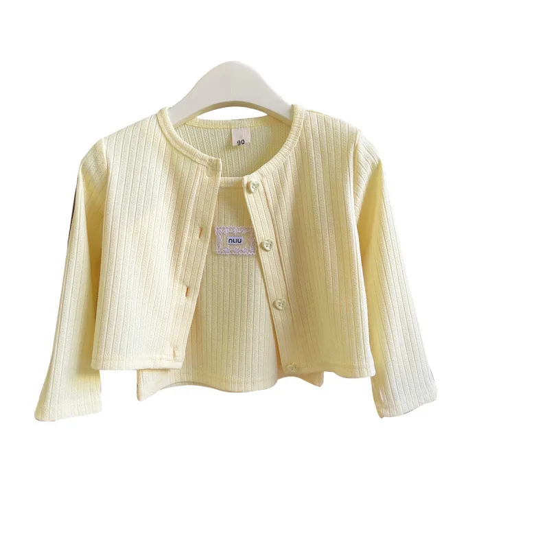 2025New Spring Girls' Thin Knit Set Children's Stylish Letter Patch Camisole Cardigan Two-Piece Set