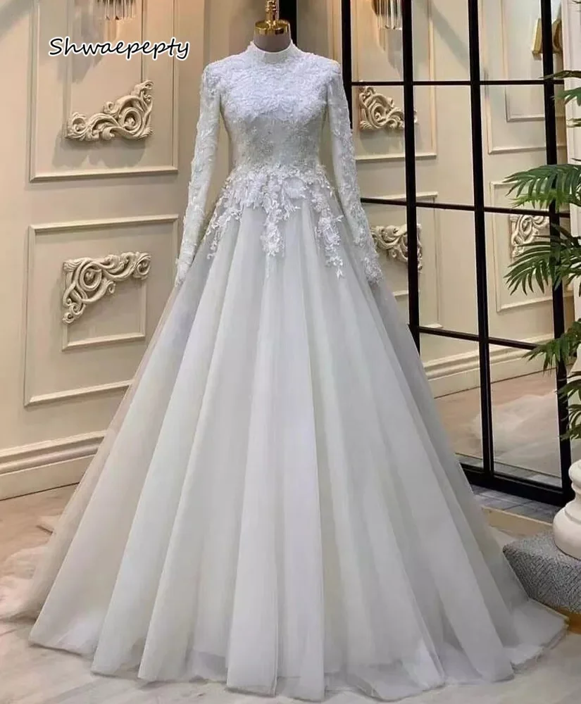 

Chic Muslim Wedding Dress Long Sleeves A-Line Bridal Gown Lace Appliques High Neck Islamic Arabic Vestido Customized