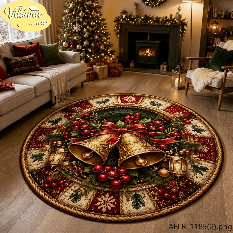 VIKAMA Christmas Round Rug Gold Star Ornaments Pine Snow Area Rug Living Room Holiday Home Decor Aesthetic Art Large Premium
