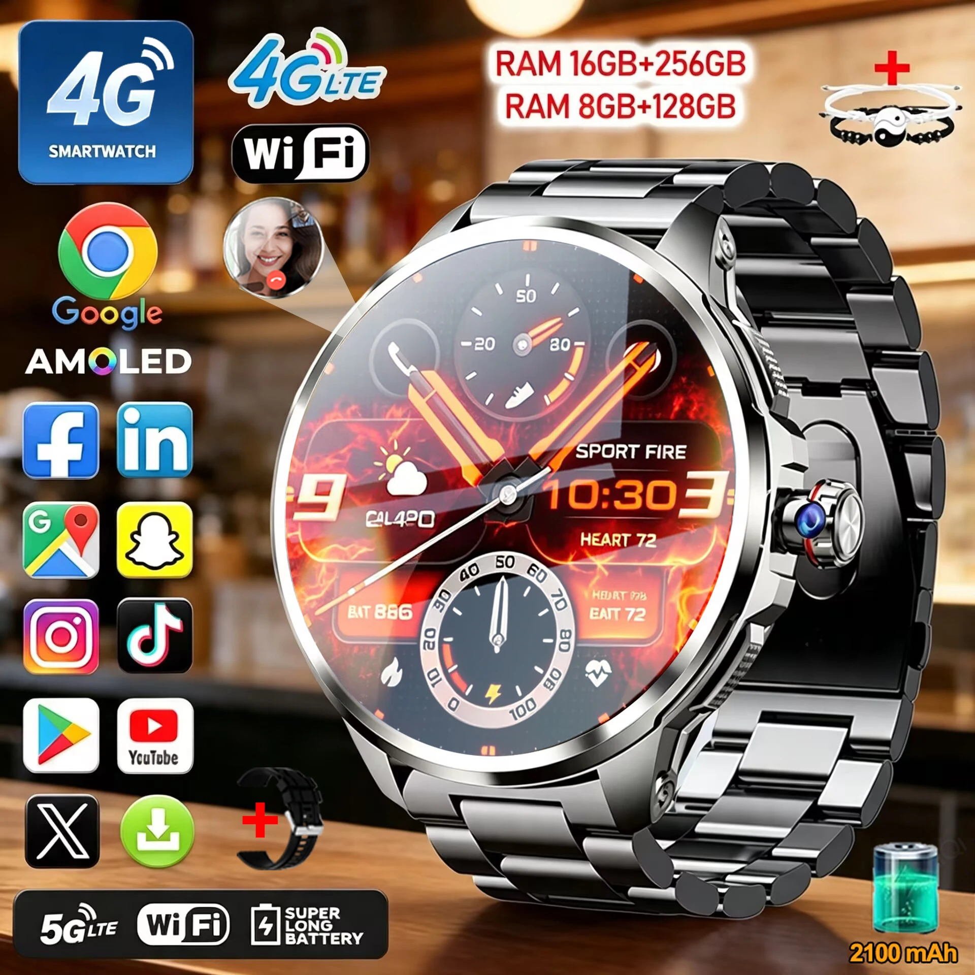 Men'S Fashion App - Montre connectée noire 5G/4G pour hommes,