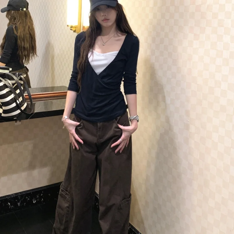 Damen Farbblock-Oberteil mit Langen Ärmeln in Schwarz, Einzigartiges Falsches Zweiteiler-Layering-Oberteil im Koreanischen Stil, Weiches Büro- und Freizeit-Top für den Herbst – Detail 8