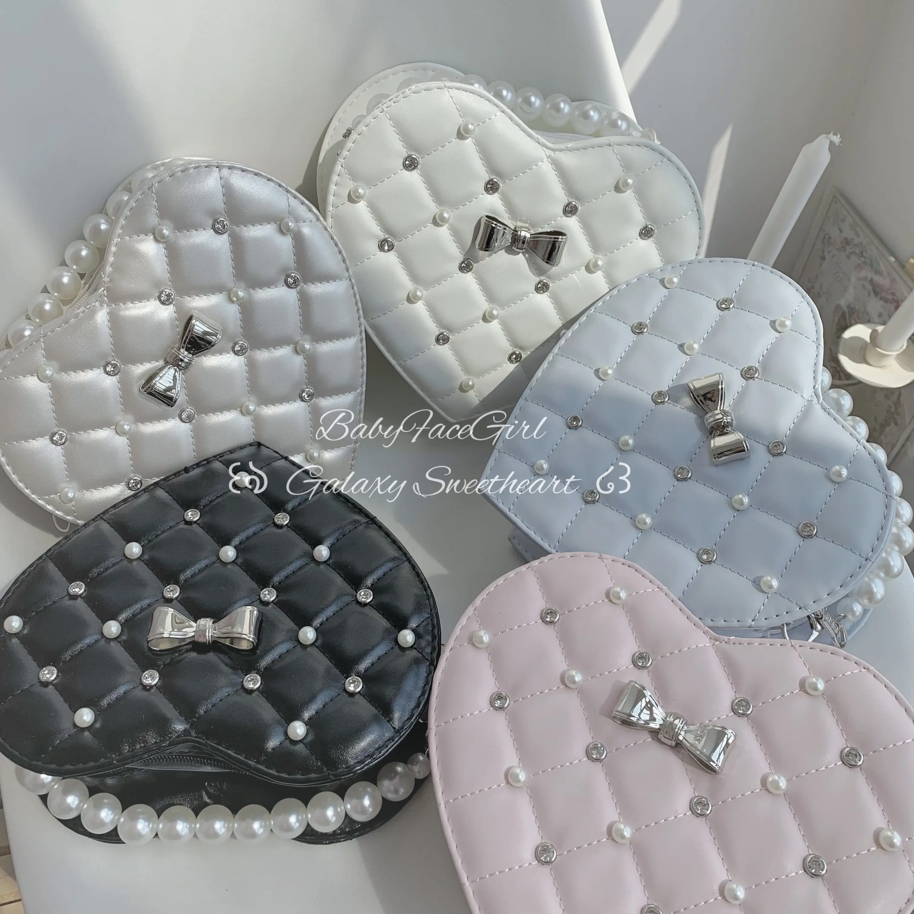 

Japanese Original Lolita Handbag Sweet Pearl Rhinestone Bow Decorative Heart Bag Cute Tea Party Versatile Casual Shoulder Bag