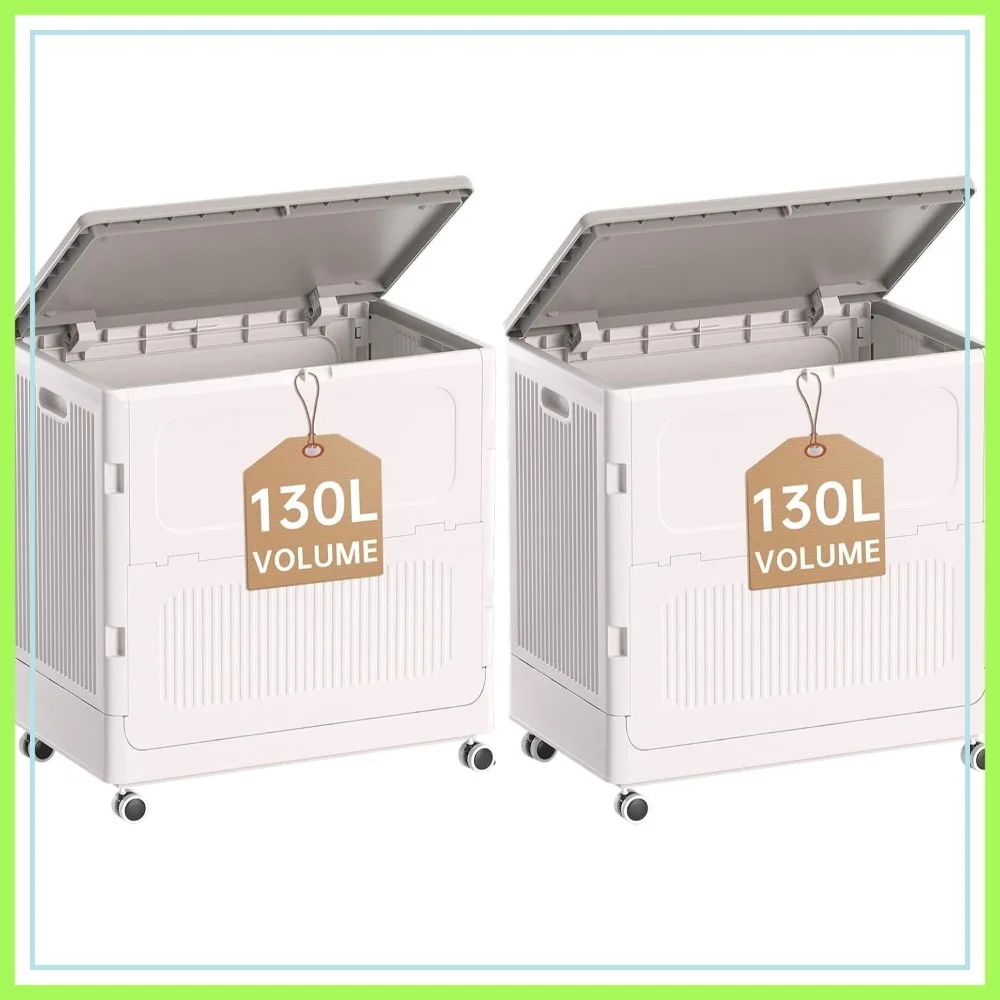 

130L Rolling Laundry Hamper with Lid, Collapsible Plastic Basket on Wheels, Easy Transport, 2 Pack