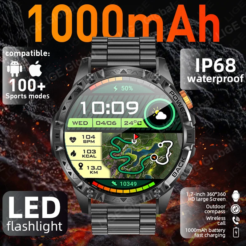 

Новые военные смарт-часы LIGE для T-Rex 3 Ultra с аккумулятором 1000 мАч, водонепроницаемые IP68, с фонариком, компасом и спортивным трекером для мужчин