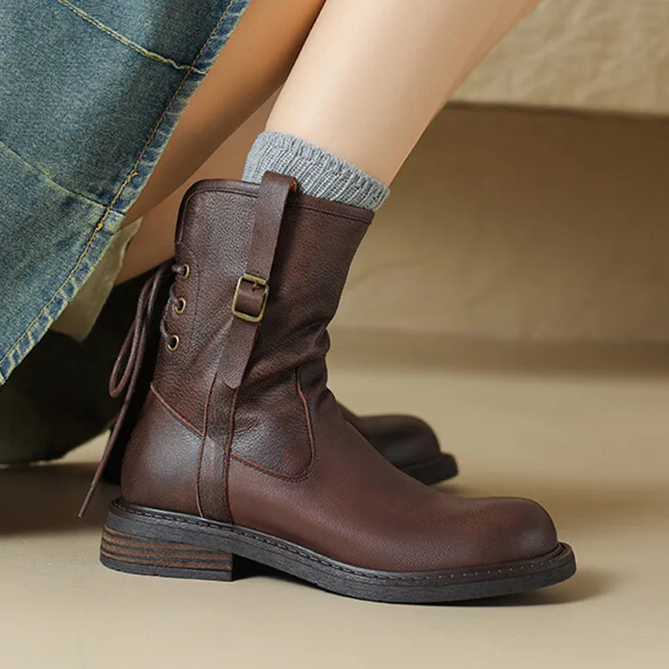 

Brown Genuine Leather Women Boots Comfort Casual Western Botas Back Cross Strap Winter Botines Black Tenis Chaussure Femems