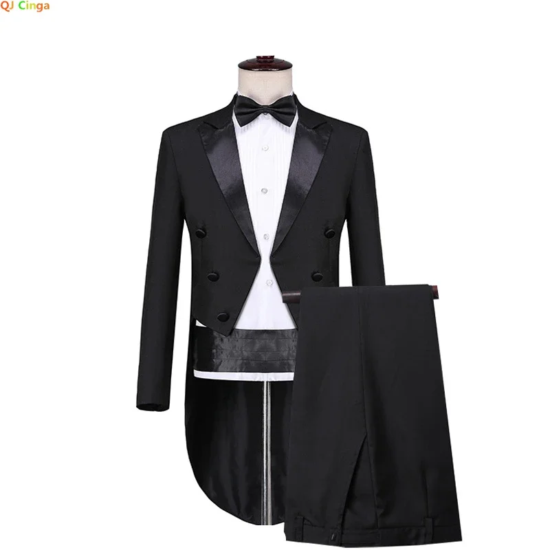 

Black Men Tuxedo Tailcoat Formal Dress Suits Swallow Tail Coat Male Jacket and Pants Party Wedding Dance Magic Performance 4XL