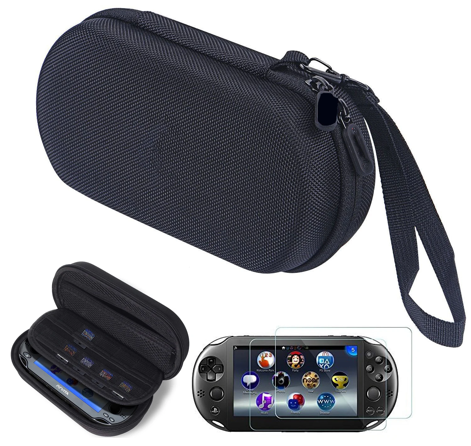 For PS Vita 1000, PSV 2000 Carrying Storage Bag Portable Travel Organizer Case With HD Tempered Glass Screen Protectors Film