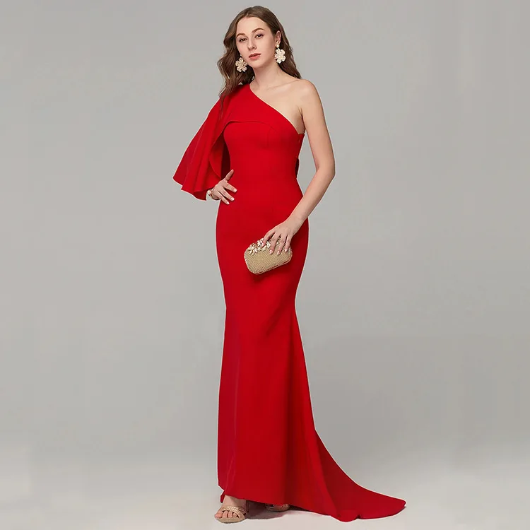 

Autumn one-shoulder ruffle slanted shoulder trailing evening dress Amazon wish hot buy dress