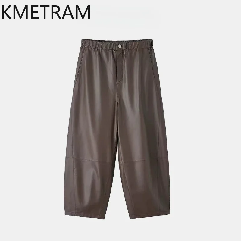 KMETRAM Top Layer Ultra-Thin Matte Sheepskin Genuine Leather Pants Woman Cropped Trousers Sickle Wide Leg Pantalones Baggy 슬랙스
