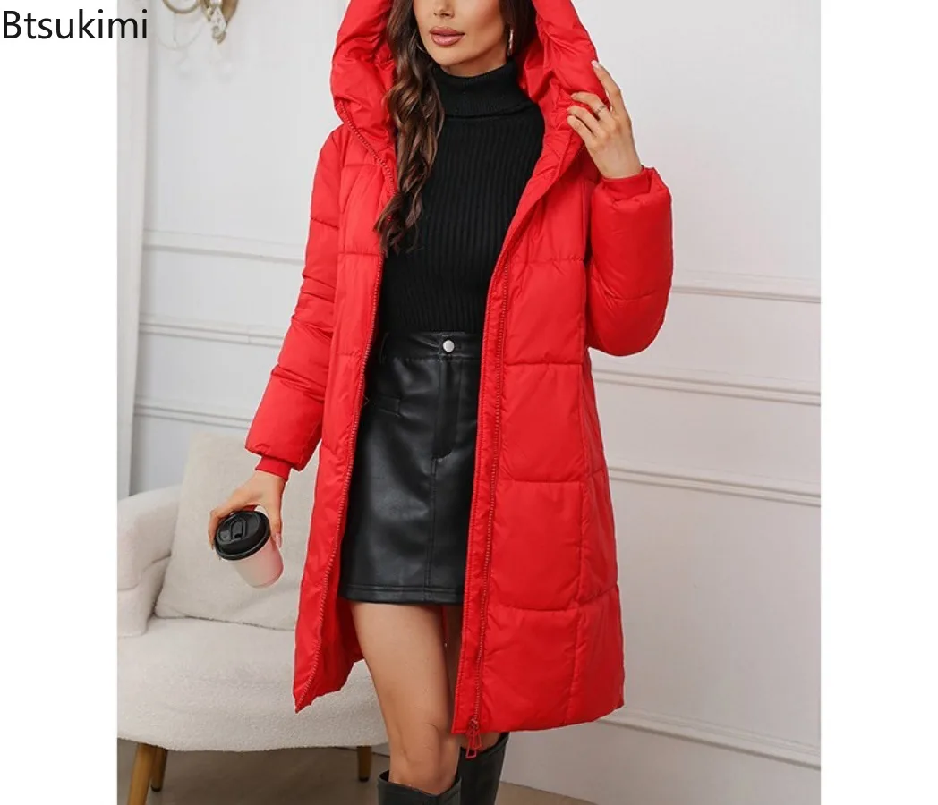 Women's Long Parkas  2025 New Hooded Loose Solid Color Overcoat Women Cotton Jacket Mid-Length Slim Fit Thick Warm Padded Coats