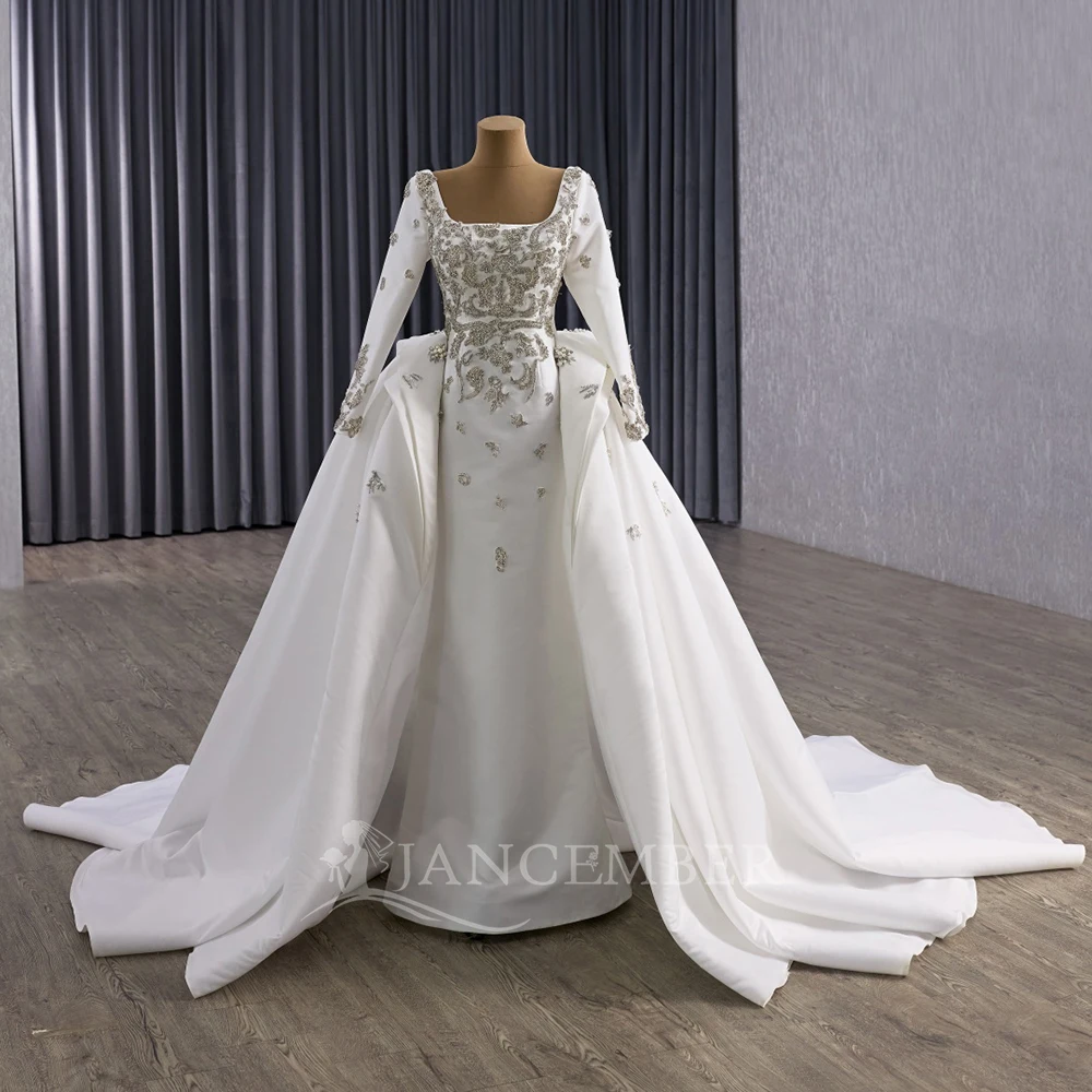 

Princess Wedding Dress Long Sleeves Satin Square Perfect Collar Court Train A-line Bridal Gowns Customized فساتين حفل