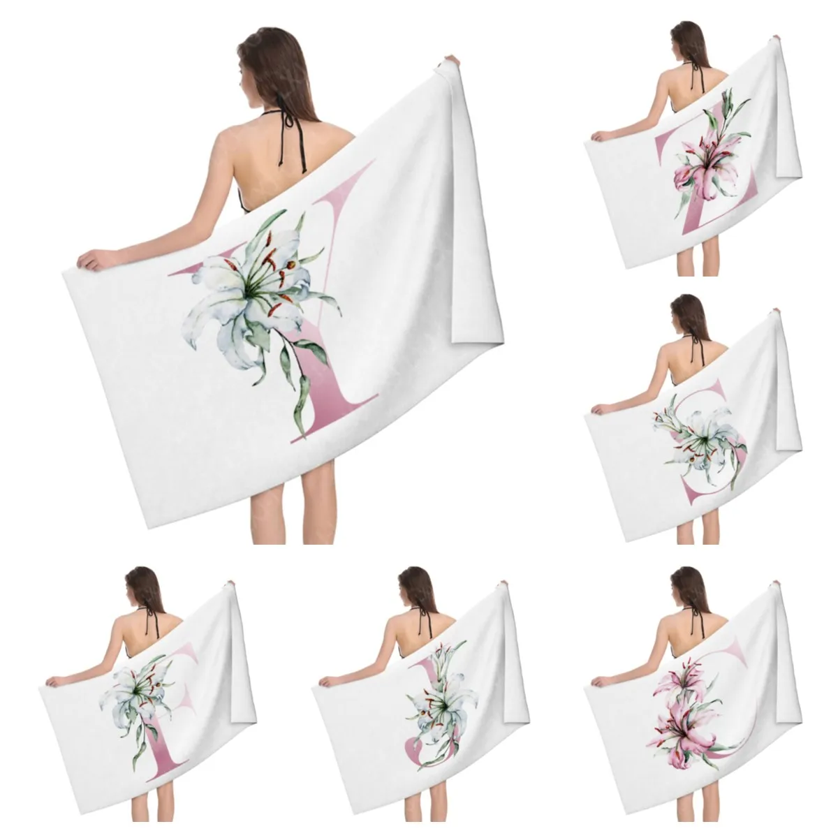 Watercolor Lily 26 Alphabet Beach Towel Extra Large Bath Towel Soft and Absorbent - Great for Outdoor Camping, Vacation