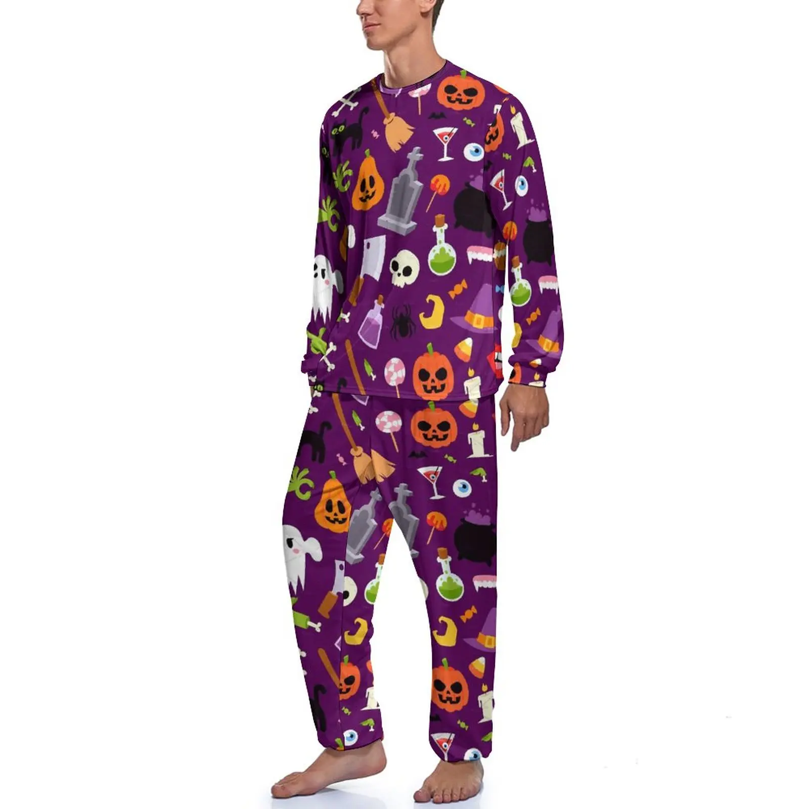 Happy Halloween Pajamas Long Sleeve Funny Pumpkin 2 Piece Home Pajama Sets Autumn Men Custom Cool Sleepwear