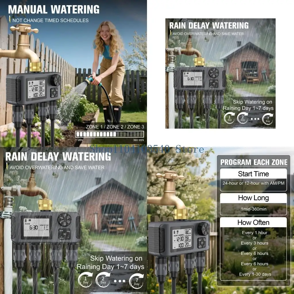 

02DC 4 Independent Zone Garden Hose Timer Automatic Manual Rain Delay Modes IPX5 Weatherproof Brass Faucet Irrigation Controller