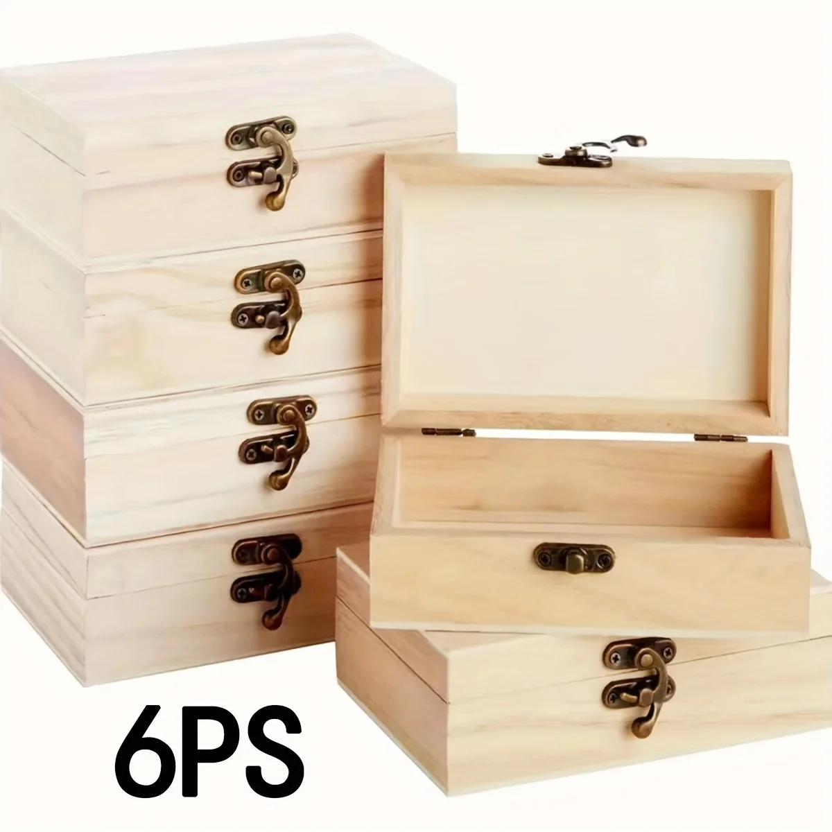 6pcs Unfinished Wooden Jewelry Boxes with Hinged Lids And Clasp Ordinary Decorative Wooden Boxes for Art Hobbies Collection Hand