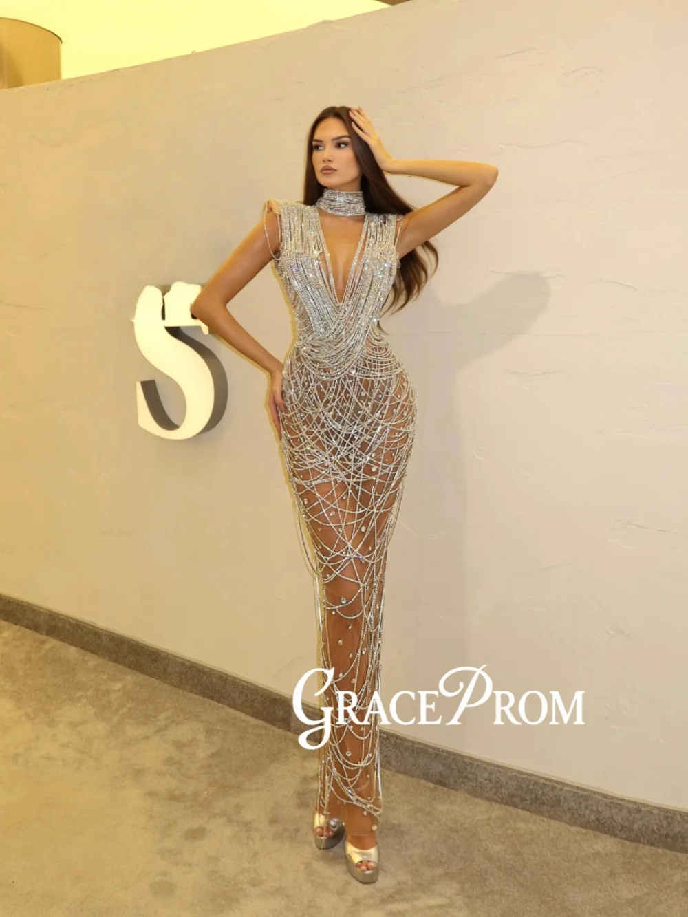 

New Silver Crystal Beaded Chain Evening Dress Illusion Sheath Floor-length Wedding Party Gown Customized Luxury Banquet Gowns