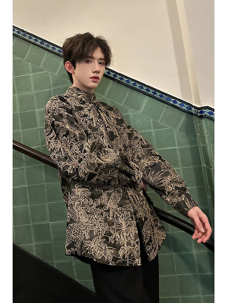 

New Chinese Sle Men's irt with Buttoned Collar Trendy Spring Faion Long Sve Loose Fit Polyester Casual Wear