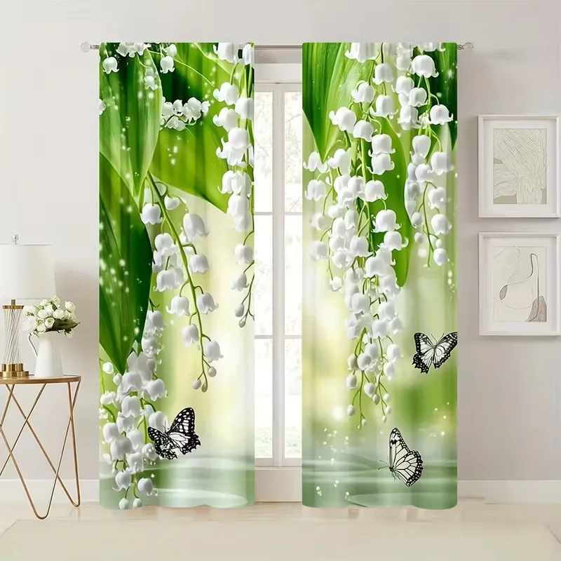 Green Floral Flannel Curtains Lily of the Valley Print With Butterflies Nature Theme Window Drapes Modern