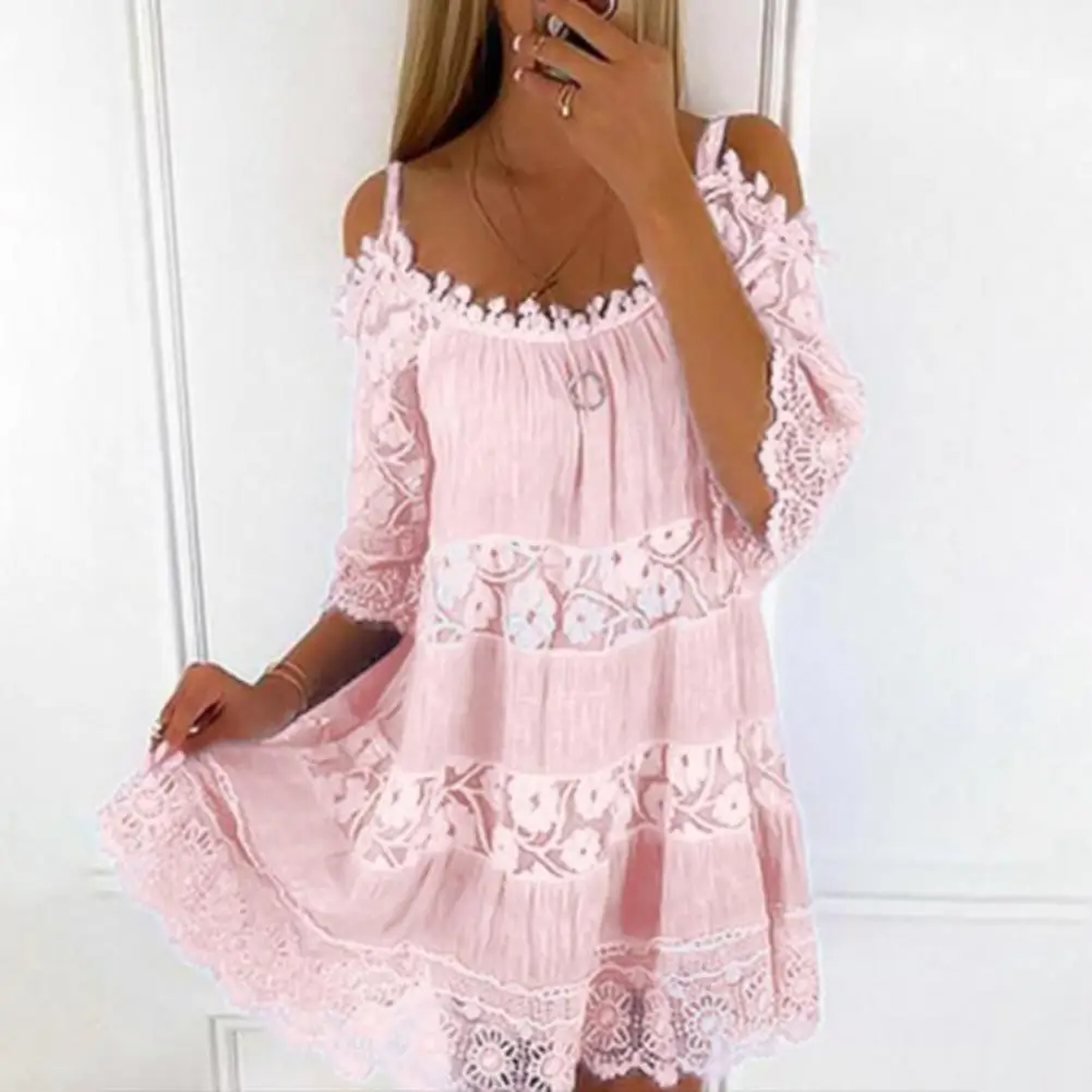 Party Dress Fashion Loose Fit Short Dress Cold Shoulder Lace Mesh Party Dress for Beach Summer Dress Streetwear