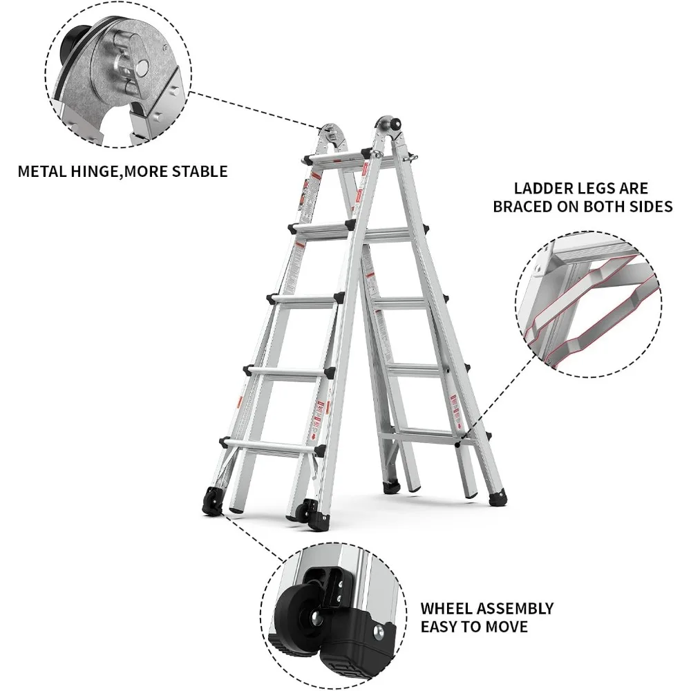 22-foot multi-function folding ladder with wheels, wide tread and hinge lock