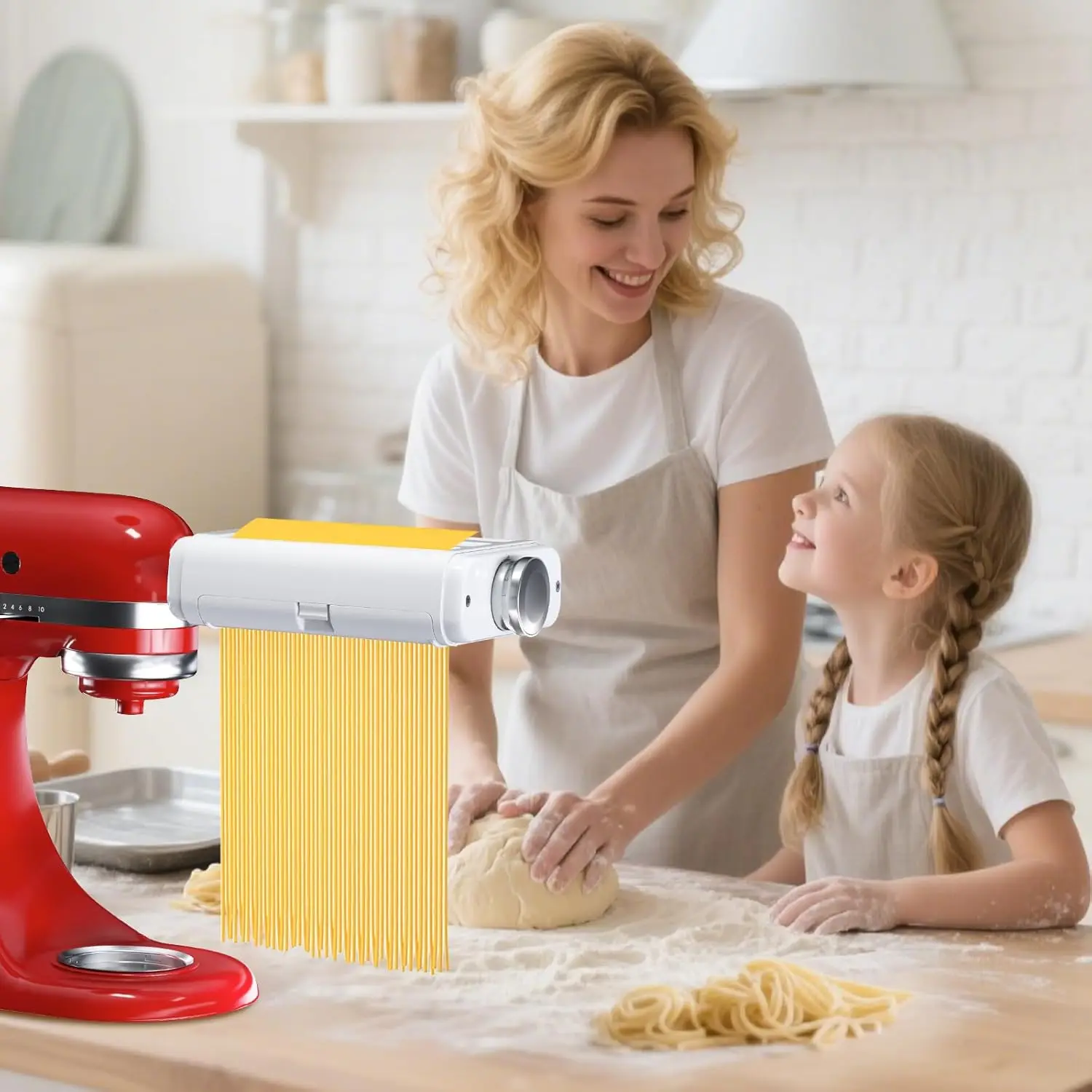 3-in-1 Pasta Maker Attachment for KitchenAid & Cuisinart Stand Mixers, Pasta Roller, Spaghetti & Fettuccine Cutter Set with Cleaning Brush, Stainless Steel view 7