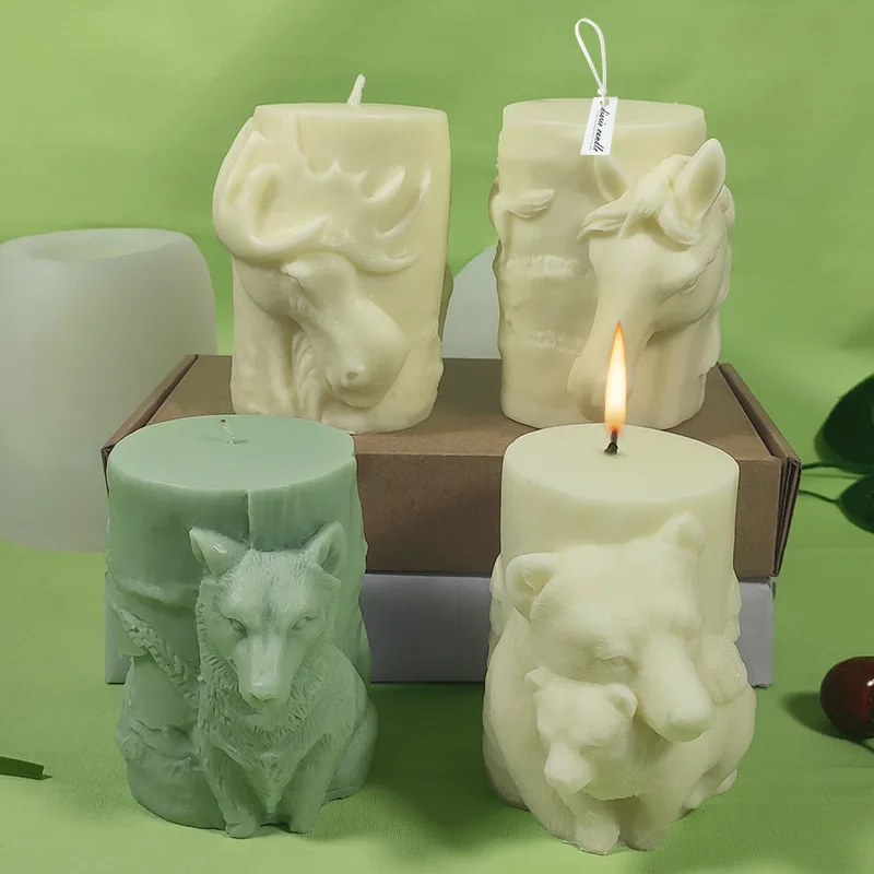Stump Shaped Animal Relief Cylindrical Candle Silicone Molds DIY Bear Horse Wolf Cylinder Plaster Soap Resin Moulds Home decor