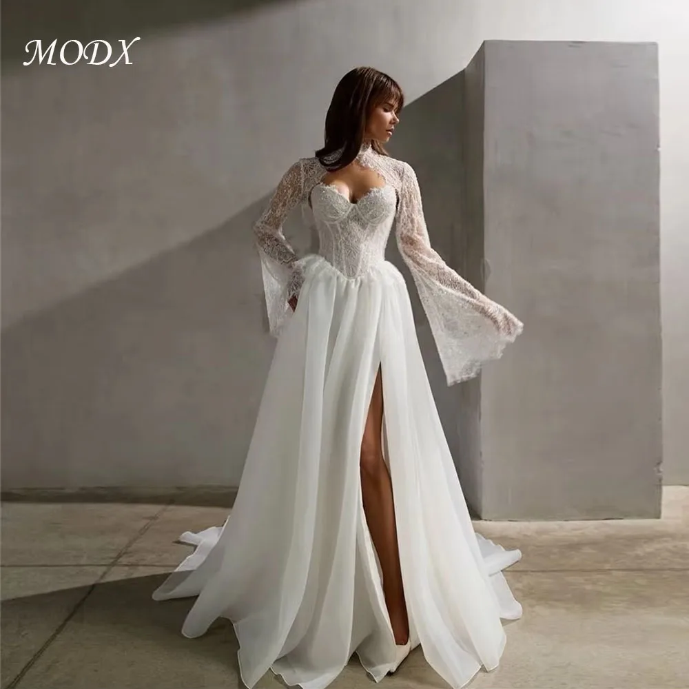 MODX Charming Beaded Lace Wedding Dress Sweetheart Remove Flare Sleeves Organza Train A-Line Bridal Gown Custom Vestido De Novia