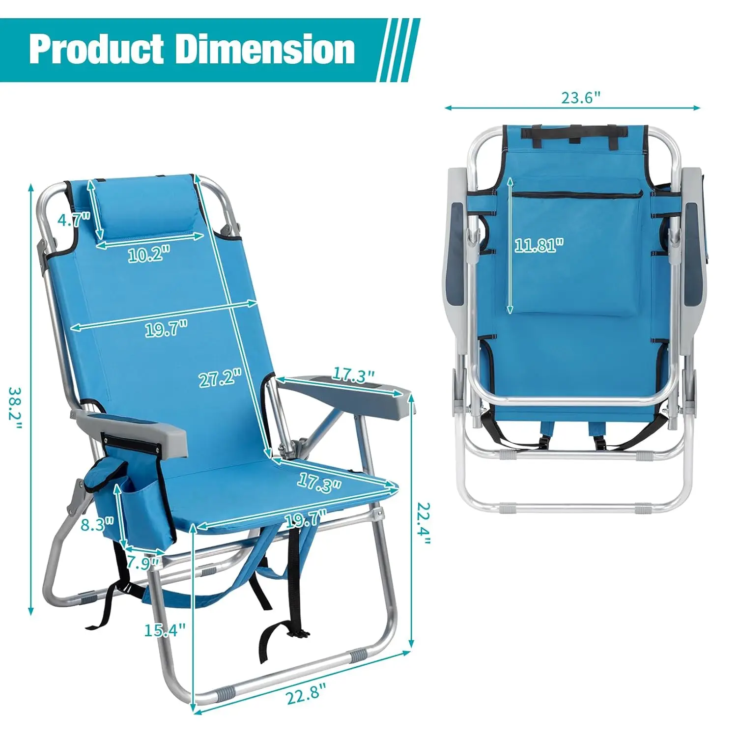 2 Pack Tall Beach Chairs for Adults, 5-Position Reclining Backpack Beach Chair with Cooler Pouch, Portable, Customized