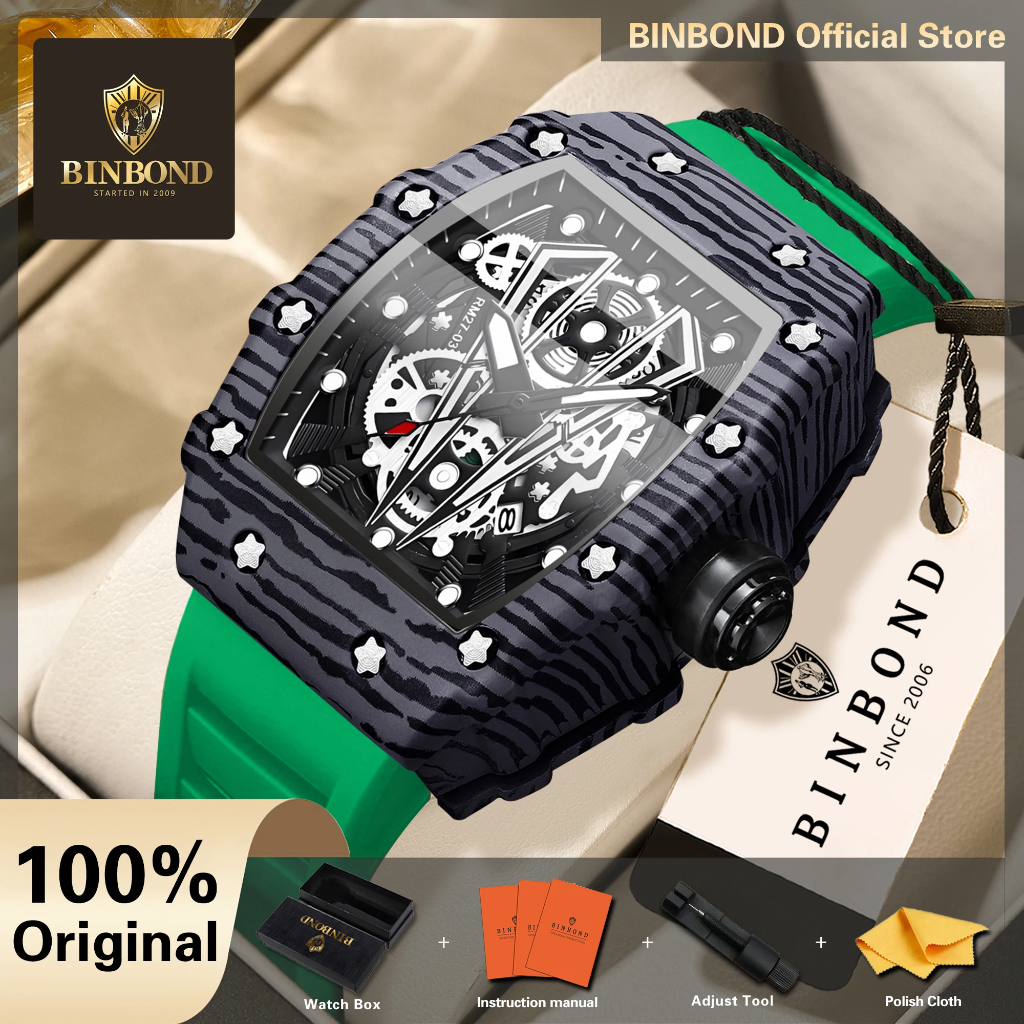 BINBOND Precise Quartz Watches For Men Luminous Relojios Waterproof Wistwatch Skeleton Men's Watch Sturdy Luxury Reloj