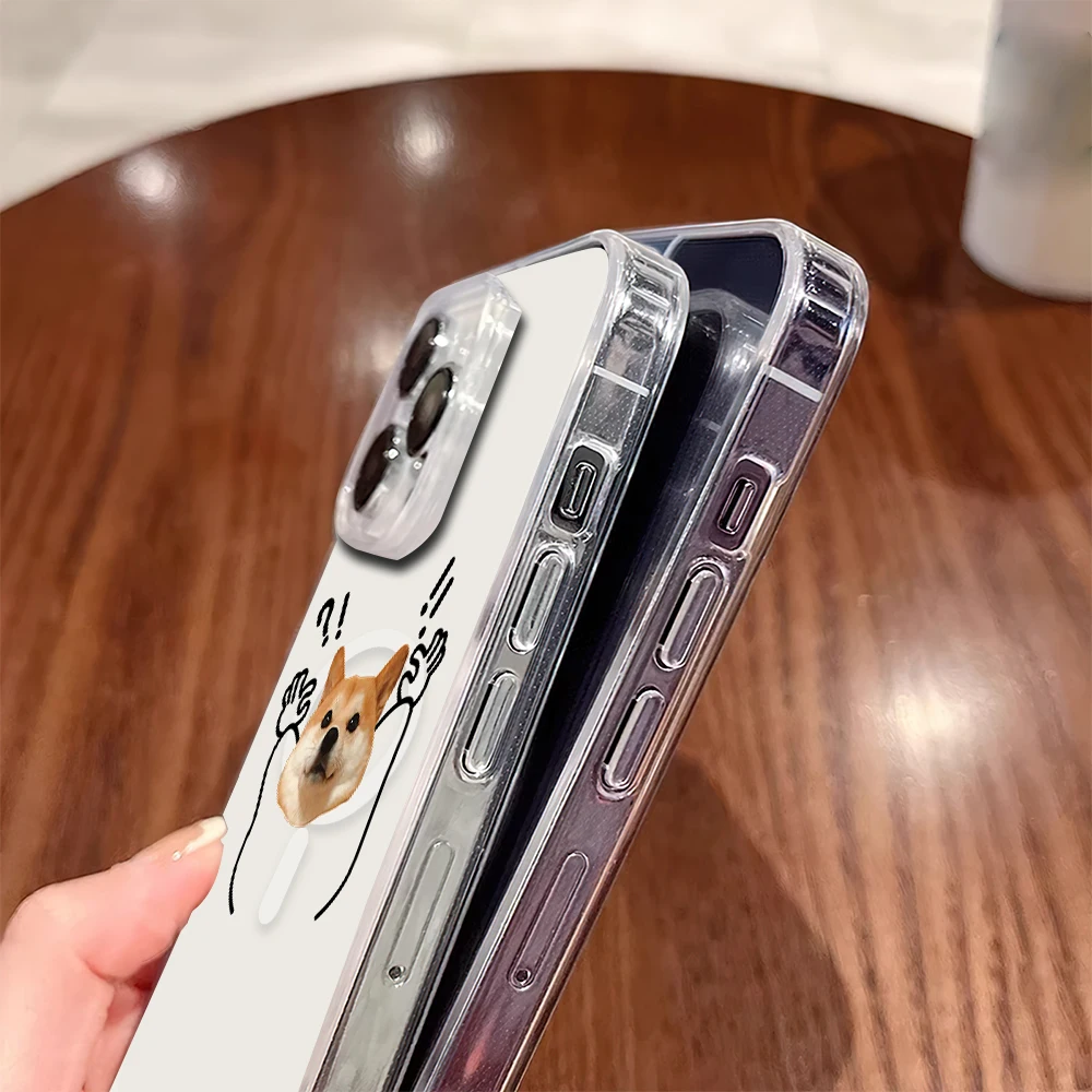 Funda de teléfono con Emojis de gato y perro para iPhone, carcasa suave de carga transparente magnética para iPhone 11, 12, 13, 14, 15, 16 Pro Max Plus, Magesafe