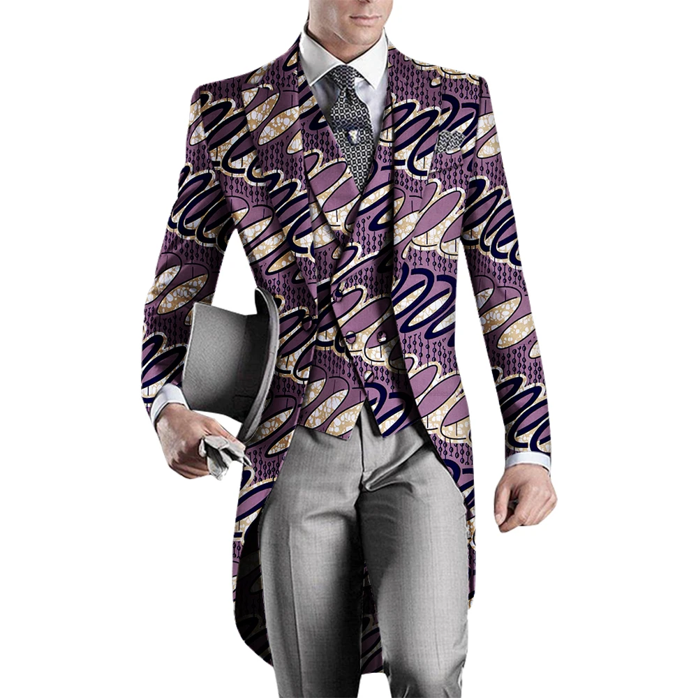 2 Pieces African Clothes for Mens African Printed Long Blazer Jacket and Vest Men Slim Suits Tailcoat Swallowtail Party WYN960