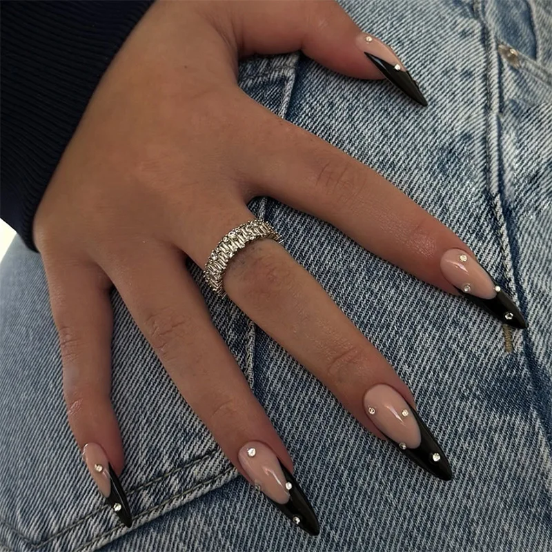 

24Pcs Long Stiletto Nails Set Press on Black Edge French Design Fake Nail Art Rhinestone Detachable Full Cover False Nails Tips
