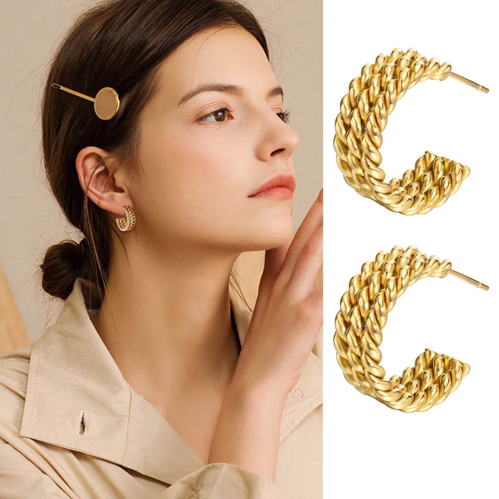 Triple Braided Stainless Steel Twist Rope Earrings, Minimalist Open Hoops for Women Fashion Gift image 4
