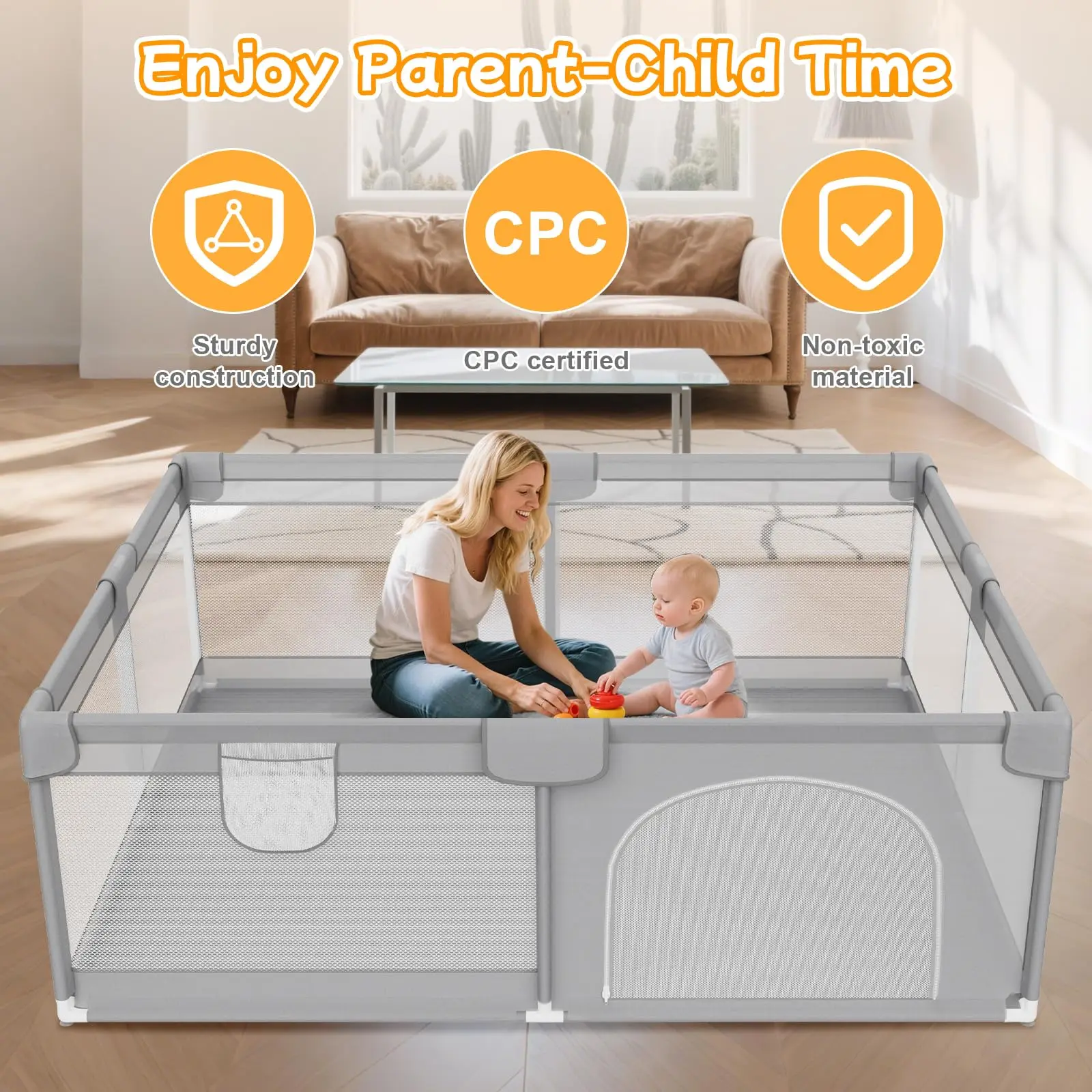 Baby Play Pen Playard for Indoor & Outdoor Active Center Game Fence, with Skin-Friendly Fabric and Soft Breathable Mesh, Grey