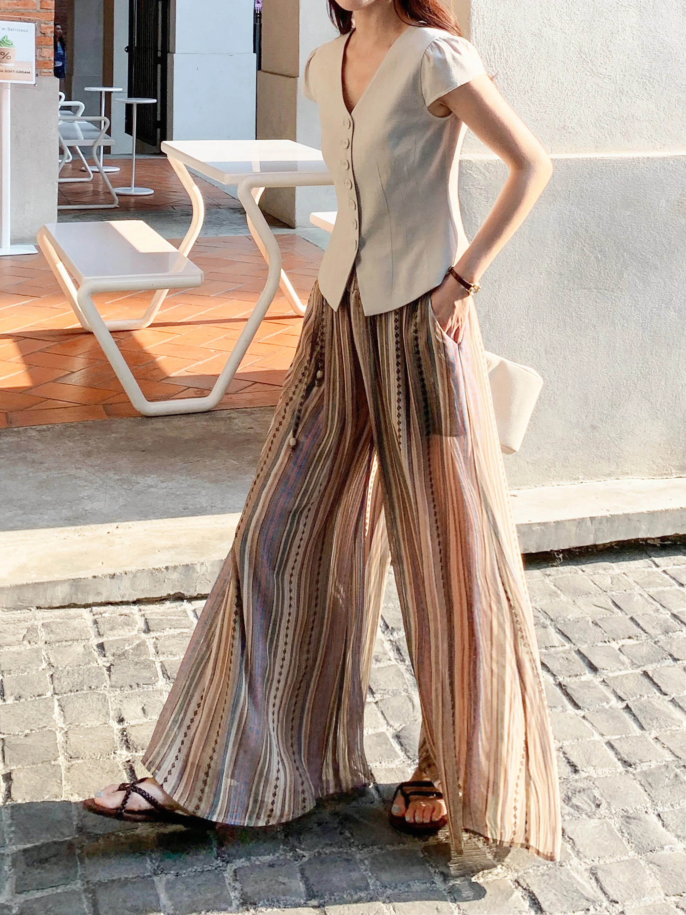 Boho Wide Leg Chiffon Palazzo Pants Women Summer High Waist Flowy Printed Skirt Trousers Casual Loose Long Pants for Petite Look