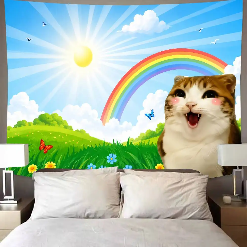 Funny Cute Happy Cat Meme Tapestry Rainbow Sunshine Wall Bright Cartoon Nature Scenery Dorm Bedroom Background Home Wall Decor