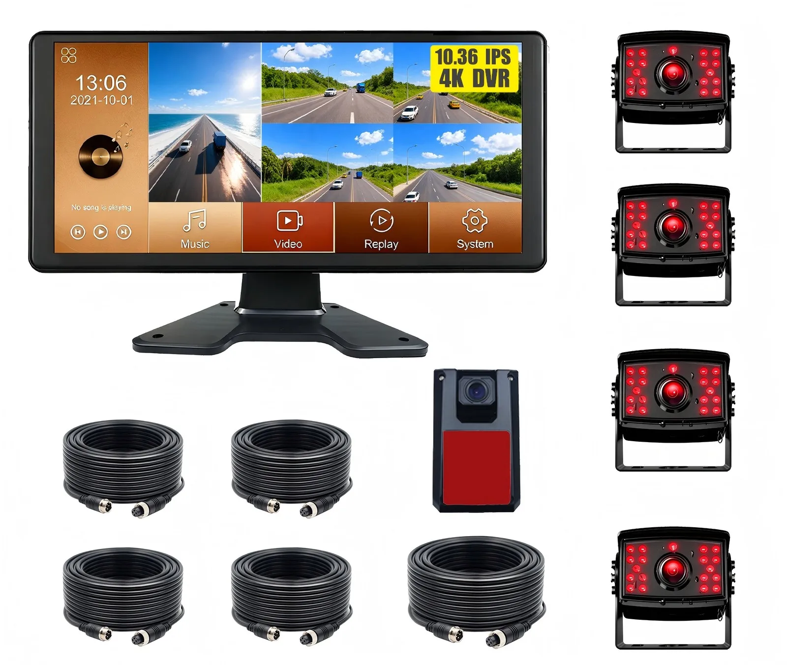 Sistema de Cámara de Reversa para RV de 5 Canales 4K, Monitor Táctil IPS de 10.36 Pulgadas, DVR 1080P, Cámara de Reversa para Camión, Cámper, Remolque, Tractor