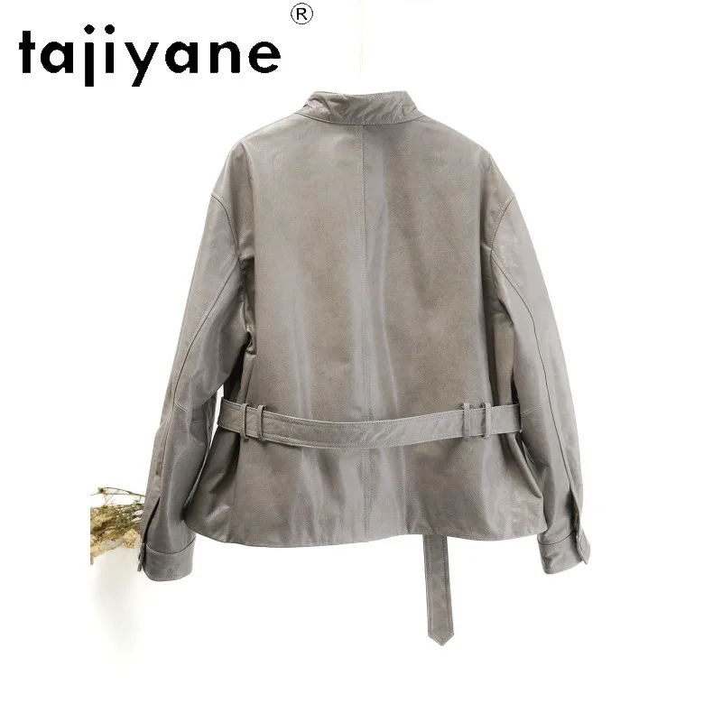 TAJIYANE Oil Waxed Sheepskin Genuine Leather Jacket Woman Belted Leather Coat Slim Jackets for Woman Clothing Windproof Jaqueta