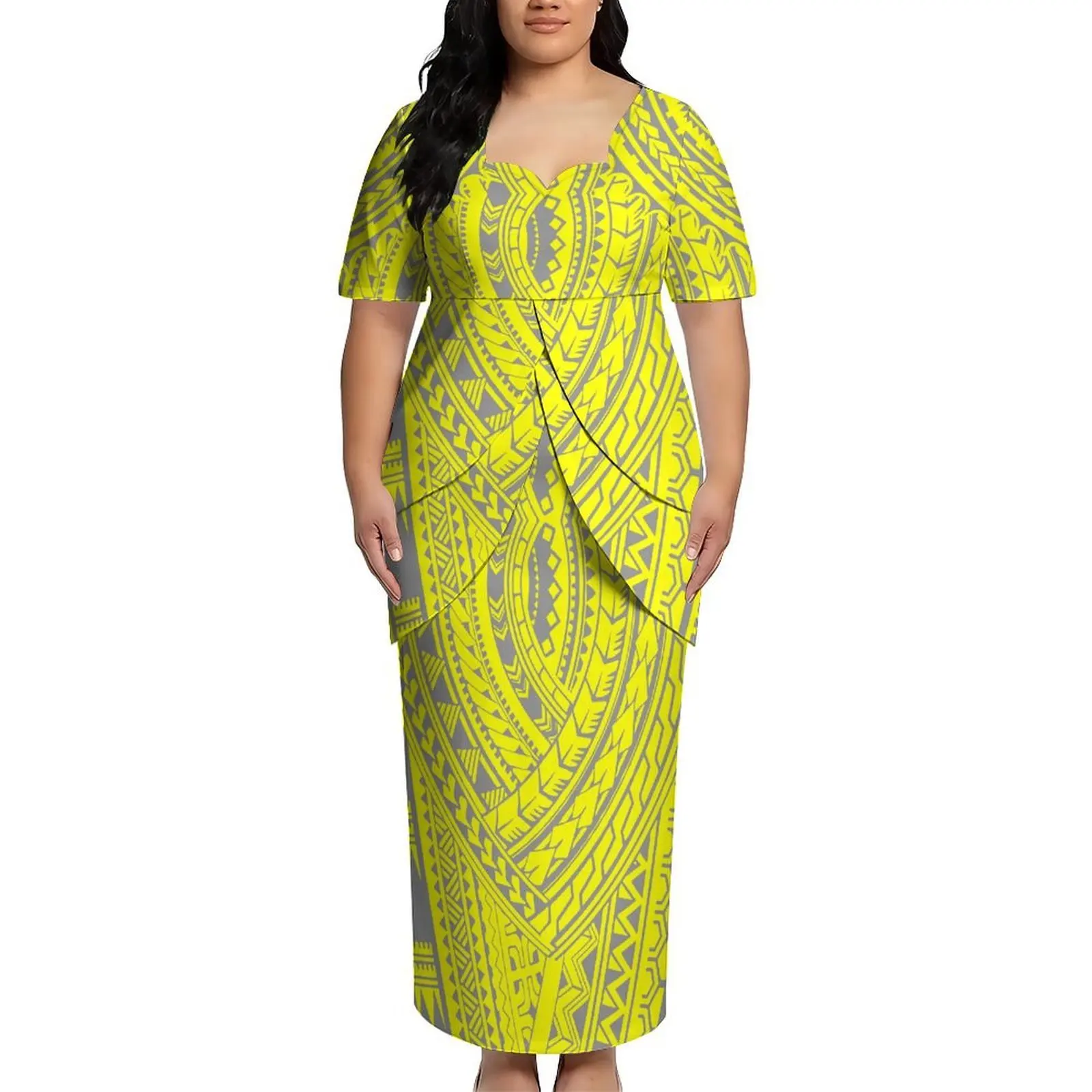 Beach Party High-Definition Pattern Customization Puletasi Flower Petal Double-Tiered Fringed Skirt Set High Quality Polynesian