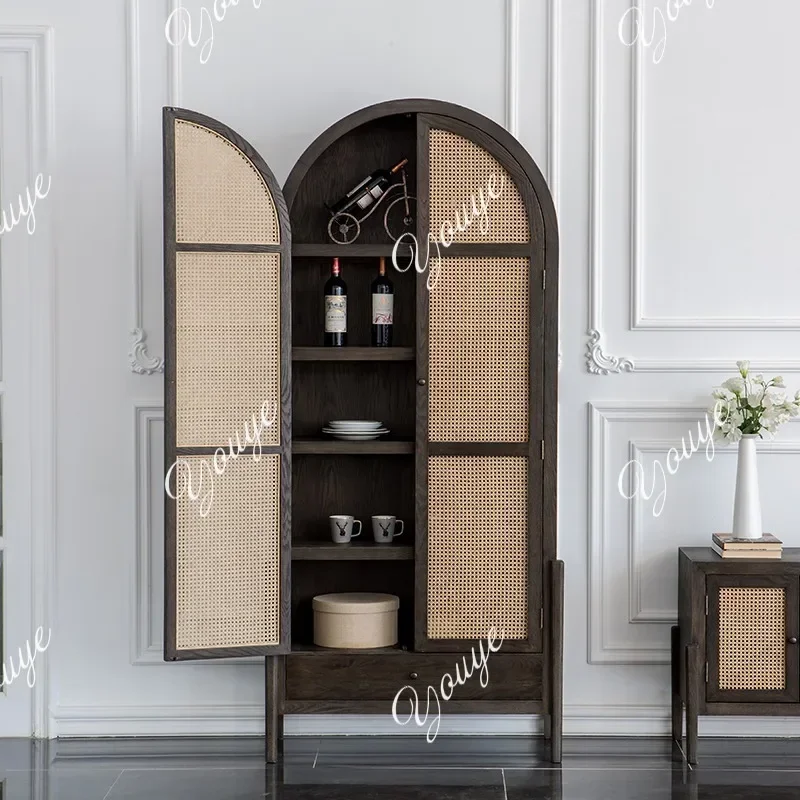 

K-J Nordic Retro Wardrobe Ash Wood Double Door Multi-functional Arched Cabinet Old Black Rattan Storage Locker