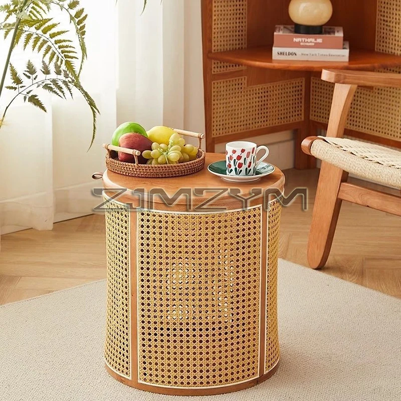 Solid Wood Rattan Coffee Table Detachable Sofa Side Table Bed Side Storage Locker Balcony Round Corner Table Laundry Basket