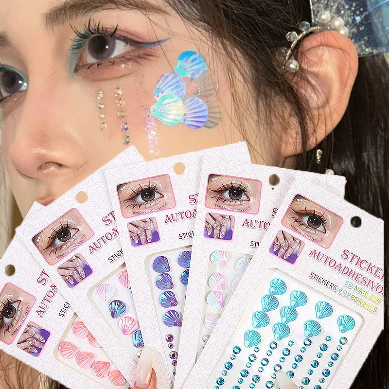 3D Dreamy Shell Crystal Diamond Patch Face Gems Mermaid Temporary Tattoo Stickers Self-adhesive DIY Body Art Decoration Makeup