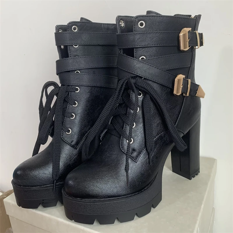Winter Ankle Boots For Women Shoes Platform Sexy Buckle Punk Heel Motorcycle Boot Brown Shoes Woman Large Size