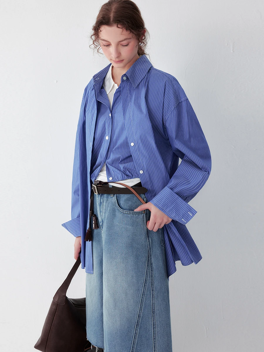 

Blue Striped Women's irt Spring Summer Anti-Wrinkle Faux Two-Piece Korean Sle plus Comfortable Breathable Cotton...